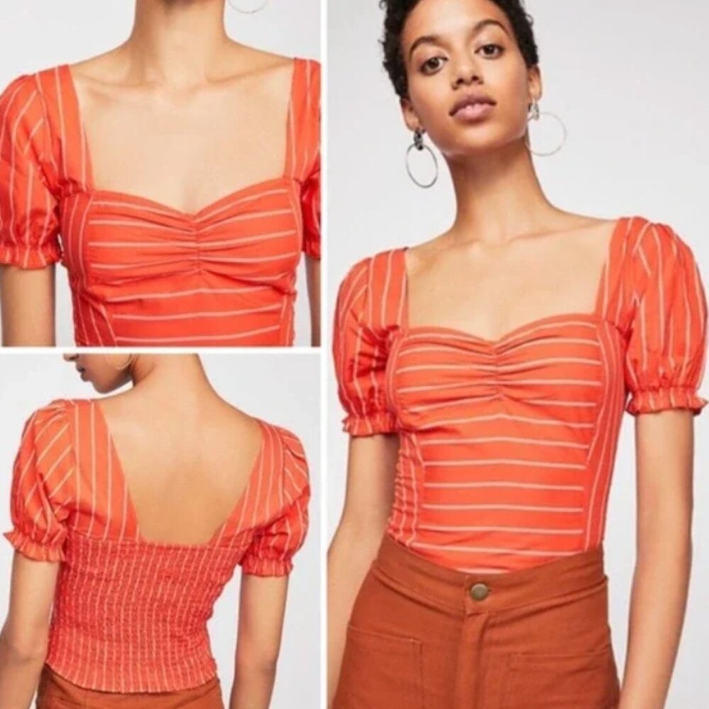 Free People Short Sleeve Red Square Neck Crop Top
